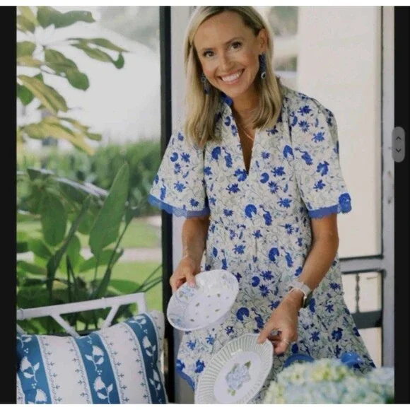 Tuckernuck Blue Linen Blend Dress XL Lace Trim Midi Preppy Summer - Picture 8 of 13